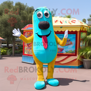Turquoise Hot Dog mascot costume character dressed with a Capri Pants and Ties
