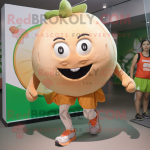 Tan Melon mascot costume character dressed with a Running Shorts and Foot pads