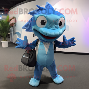 Cyan Barracuda mascot costume character dressed with a Dress Pants and Backpacks