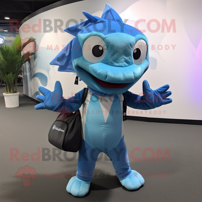 Cyan Barracuda mascot costume character dressed with a Dress Pants and Backpacks Cyan Barracuda mascot costume character dressed with a Dress Pants and Backpacks