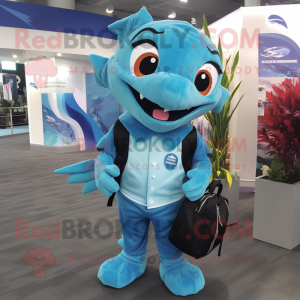 Cyan Barracuda mascot costume character dressed with a Dress Pants and Backpacks