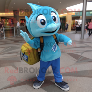 Cyan Barracuda mascot costume character dressed with a Dress Pants and Backpacks