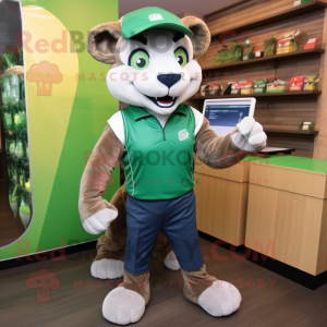 Forest Green Puma mascot costume character dressed with a Vest and Wallets