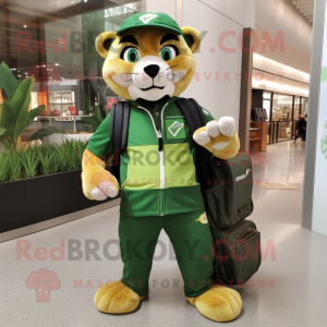 Forest Green Puma mascot costume character dressed with a Vest and Wallets