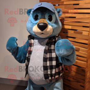 Blue Otter mascot costume character dressed with a Flannel Shirt and Beanies