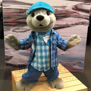 Blue Otter mascot costume character dressed with a Flannel Shirt and Beanies