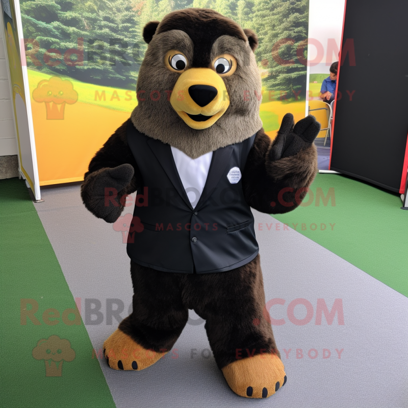 Black Marmot mascot costume character dressed with a Blazer and Foot pads Black Marmot mascot costume character dressed with a Blazer and Foot pads