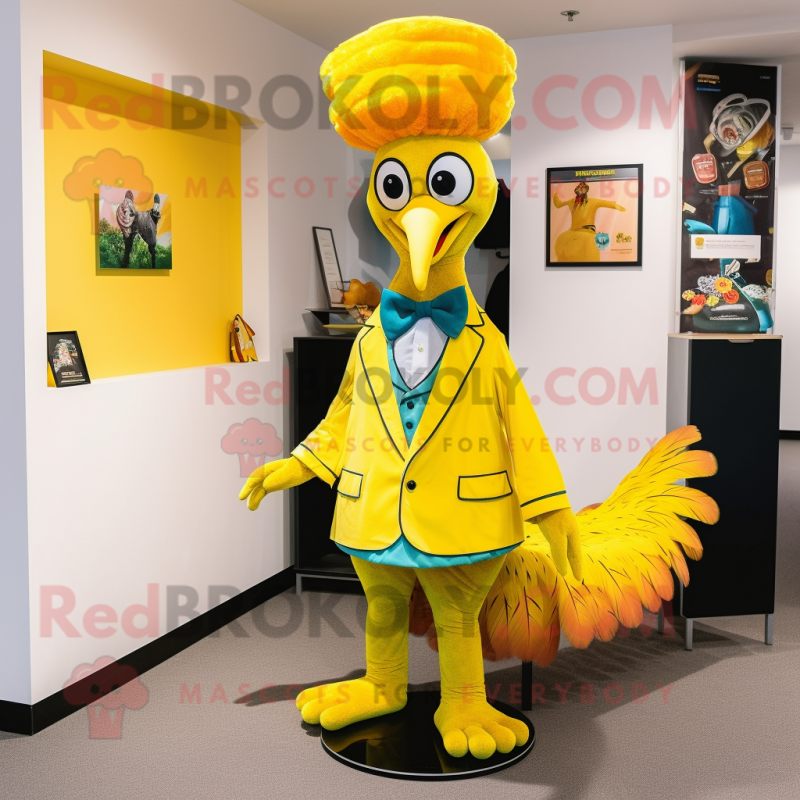 Yellow Peacock mascot costume character dressed with a Henley Shirt and Ties