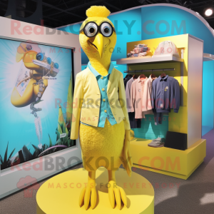 Yellow Peacock mascot costume character dressed with a Henley Shirt and Ties