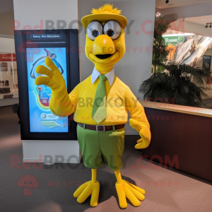 Yellow Peacock mascot costume character dressed with a Henley Shirt and Ties