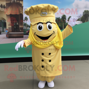 Gold Pesto Pasta mascot costume character dressed with a Poplin Shirt and Caps
