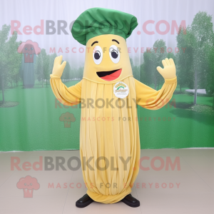 Gold Pesto Pasta mascot costume character dressed with a Poplin Shirt and Caps