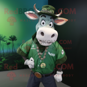Forest Green Zebu mascot costume character dressed with a T-Shirt and Necklaces