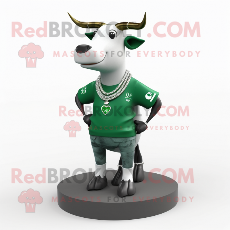 Forest Green Zebu mascot costume character dressed with a T-Shirt and Necklaces Forest Green Zebu mascot costume character dressed with a T-Shirt and Necklaces