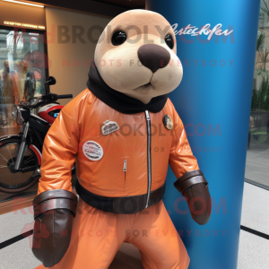 Peach Stellar'S Sea Cow mascot costume character dressed with a Biker Jacket and Pocket squares