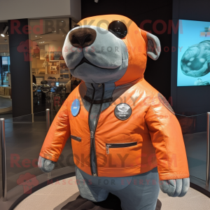 Peach Stellar'S Sea Cow mascot costume character dressed with a Biker Jacket and Pocket squares