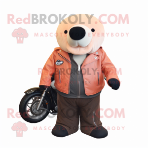 Peach Stellar'S Sea Cow mascot costume character dressed with a Biker Jacket and Pocket squares