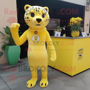 Lemon Yellow Jaguar mascot costume character dressed with a Empire Waist Dress and Keychains