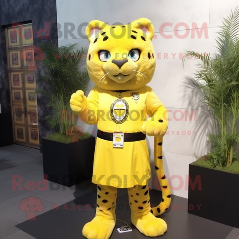 Lemon Yellow Jaguar mascot costume character dressed with a Empire Waist Dress and Keychains