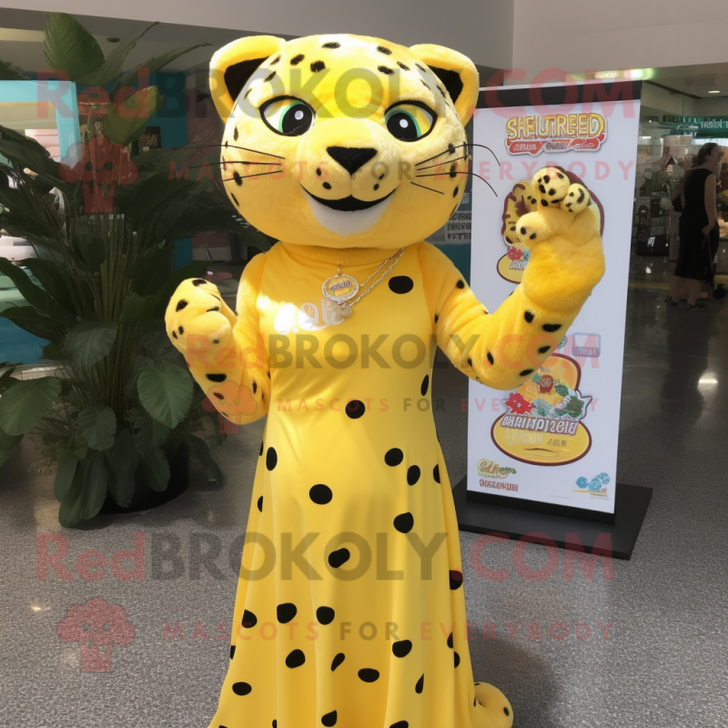 Lemon Yellow Jaguar mascot costume character dressed with a Empire Waist Dress and Keychains