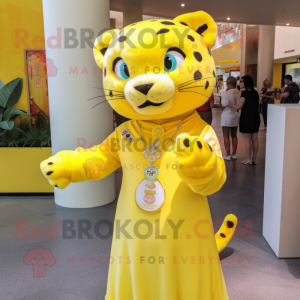 Lemon Yellow Jaguar mascot costume character dressed with a Empire Waist Dress and Keychains