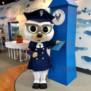 Navy Love Letter mascot costume character dressed with a A-Line Dress and Cufflinks