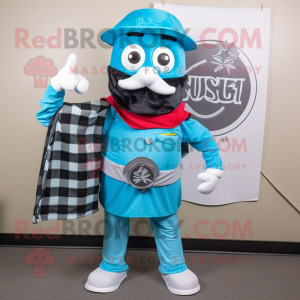 Sky Blue Ring Master mascot costume character dressed with a Flannel Shirt and Scarf clips