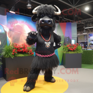 Black Buffalo mascot costume character dressed with a Mini Skirt and Hair clips