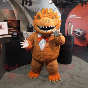 Rust Ankylosaurus mascot costume character dressed with a Suit Pants and Keychains