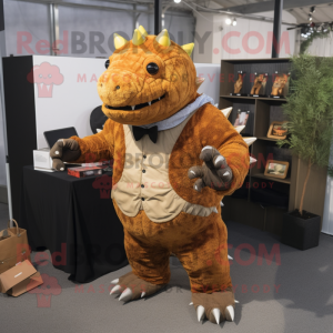 Rust Ankylosaurus mascot costume character dressed with a Suit Pants and Keychains