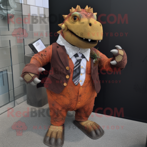Rust Ankylosaurus mascot costume character dressed with a Suit Pants and Keychains