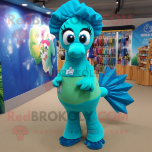 Turquoise Sea Horse mascot costume character dressed with a Mini Skirt and Ties