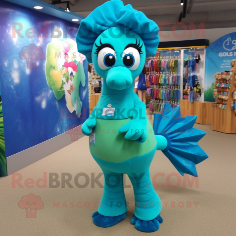 Turquoise Sea Horse mascot costume character dressed with a Mini Skirt and Ties