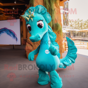 Turquoise Sea Horse mascot costume character dressed with a Mini Skirt and Ties
