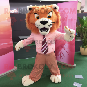 Pink Saber-Toothed Tiger mascot costume character dressed with a Poplin Shirt and Pocket squares