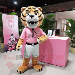 Pink Saber-Toothed Tiger mascot costume character dressed with a Poplin Shirt and Pocket squares