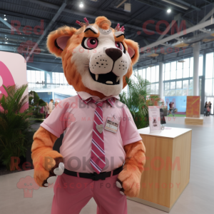 Pink Saber-Toothed Tiger mascot costume character dressed with a Poplin Shirt and Pocket squares