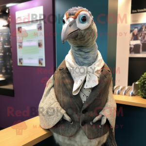Olive Guinea Fowl mascot costume character dressed with a Waistcoat and Shawl pins