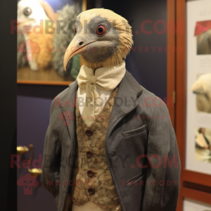 Olive Guinea Fowl mascot costume character dressed with a Waistcoat and Shawl pins