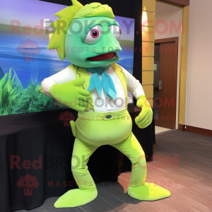 Lime Green Mermaid mascot costume character dressed with a Bermuda Shorts and Tie pins