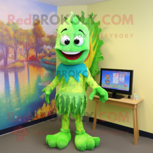 Lime Green Mermaid mascot costume character dressed with a Bermuda Shorts and Tie pins