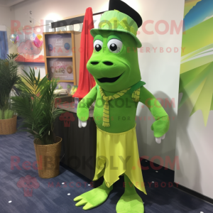 Lime Green Mermaid mascot costume character dressed with a Bermuda Shorts and Tie pins