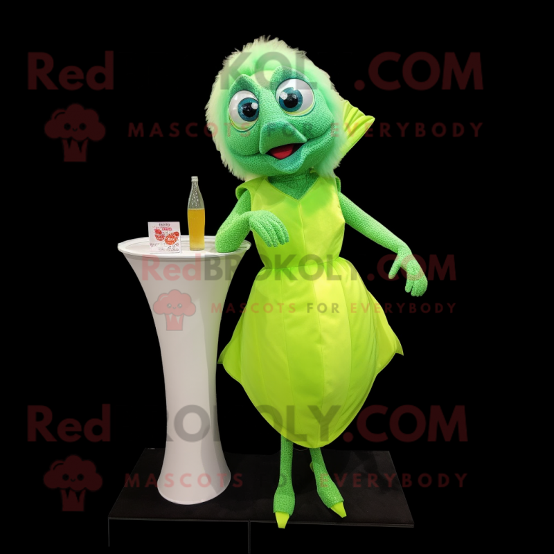 Lime Green Betta Fish mascot costume character dressed with a Cocktail Dress and Handbags Lime Green Betta Fish mascot costume character dressed with a Cocktail Dress and Handbags