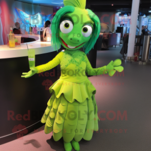 Lime Green Betta Fish mascot costume character dressed with a Cocktail Dress and Handbags