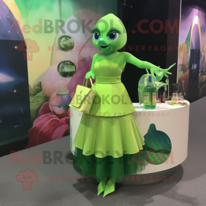 Lime Green Betta Fish mascot costume character dressed with a Cocktail Dress and Handbags