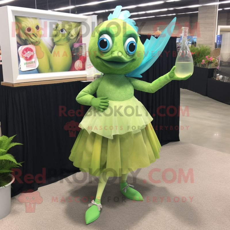 Lime Green Betta Fish mascot costume character dressed with a Cocktail Dress and Handbags Lime Green Betta Fish mascot costume character dressed with a Cocktail Dress and Handbags