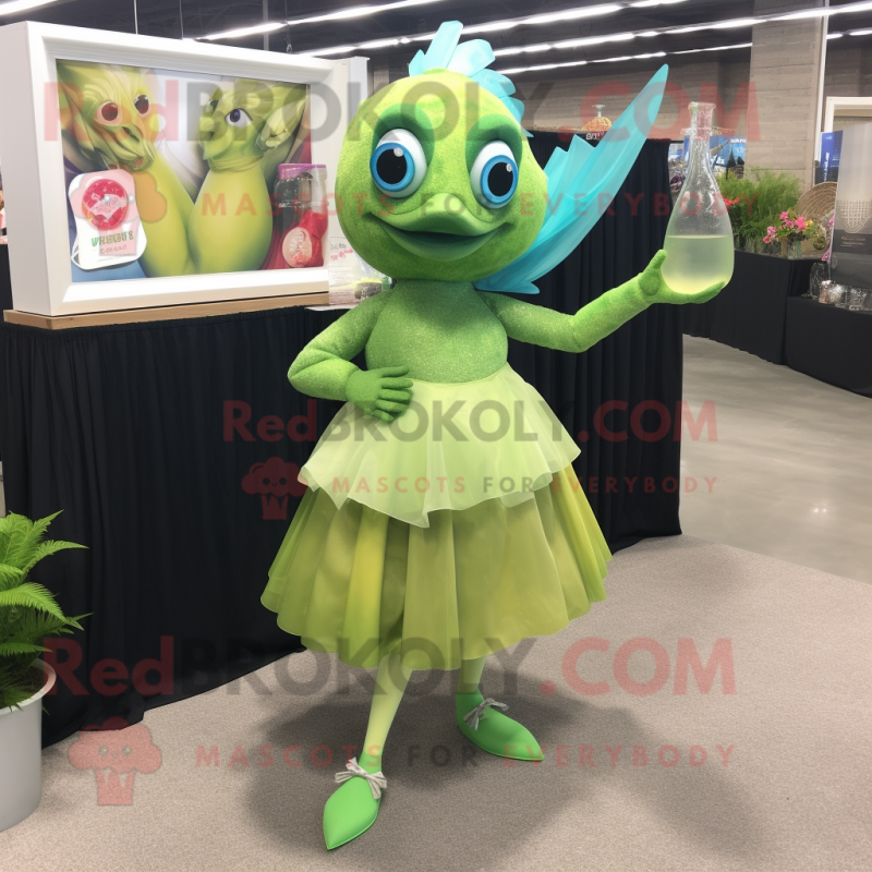 Lime Green Betta Fish mascot costume character dressed with a Cocktail Dress and Handbags