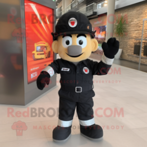 Black Fire Fighter mascot costume character dressed with a Romper and Brooches