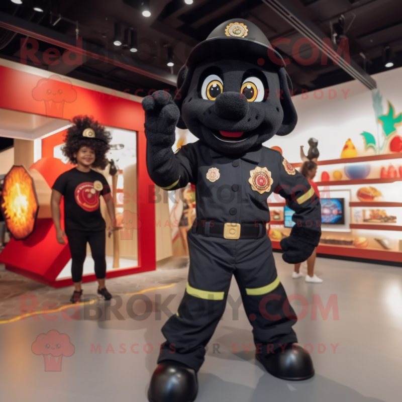 Black Fire Fighter mascot costume character dressed with a Romper and Brooches Black Fire Fighter mascot costume character dressed with a Romper and Brooches