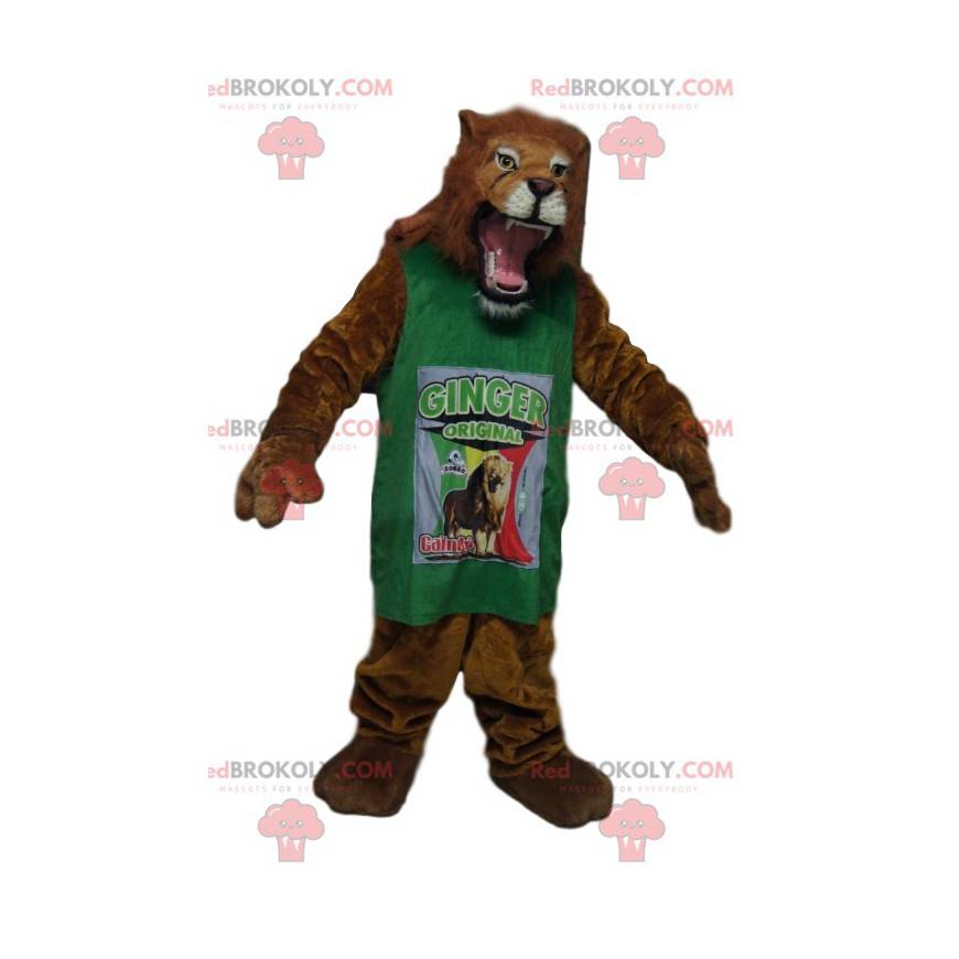 Mascotte de lion impressionnant avec un maillot vert -